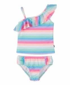 Nautica | Pink Carnation & Light Blue Stripe Asymmetric Ruffle Tankini - Toddler