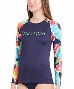 Nautica | Light Blue Multicolor Abstract Logo Long-Sleeve Rashguard Top - Women