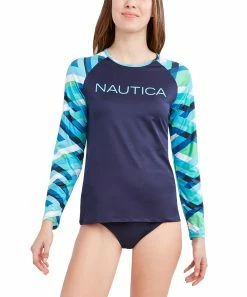 Nautica | Blue Multicolor Cross-Stripe Long-Sleeve Rashguard Top - Women