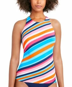 Nautica | Blue Multicolor Stripe High-Neck Tankini Top - Women
