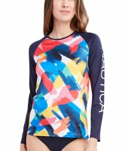 Nautica | Blue Multicolor Abstract Logo Long-Sleeve Rashguard Top - Women