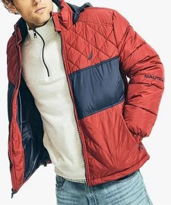Nautica | Biking Red & Navy Diamond Tempasphere Hooded Puffer Jacket - Men