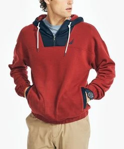 Nautica | Biking Red & Navy Mixed Media Quarter-Zip Hoodie - Men