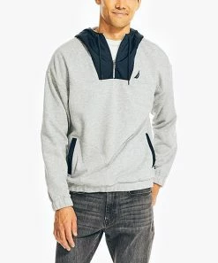 Nautica | Gray Heather & Navy Mixed Media Quarter-Zip Hoodie - Men