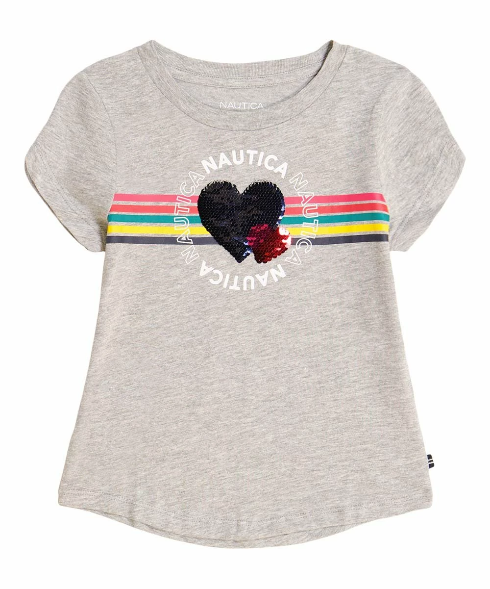 Nautica | Light Gray Heather Stripe Heart Logo Crewneck Tee - Toddler