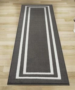 Nautica | Dark Gray & White Double Line Border Tufted Runner Rug
