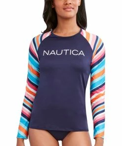 Nautica | Navy & Pink Stripe Raglan Long-Sleeve Rashguard - Women