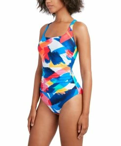 Nautica | Navy & Coral Abstract Shirred Scoop Neck One-Piece - Women