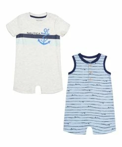 Nautica | Navy Stripe Sleeveless Romper & White Anchor Short-Sleeve Romper - Infant
