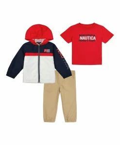 Nautica | Red & White Color Block Zip-Up Hooded Jacket - Boys