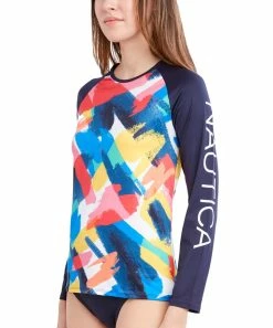 Nautica | Navy & Coral Abstract Raglan Long-Sleeve Rashguard - Women